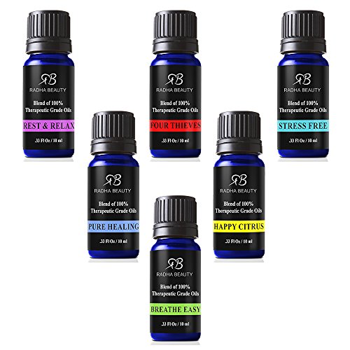 Radha Beauty Essential Oils 6 Blend set for Aromatherapy - 100% Pure Therapeutic Grade Four Thieves, Stress Free, Rest & Relax, Breathe Easy, Pure Healing, Happy Citrus, Gift Set - 6/10 ml
