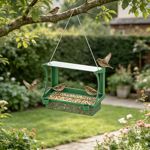 FANHAO Mangeoire Oiseaux Fenêtre 2-en-1 Métal, Extérieur sans Perçage | Plateau en Maille Métal, Toit Incliné, 2 Coupelles D’eau,Crochet Adhésif Pour Fenêtre, Jardin, Balcon et Terrasse