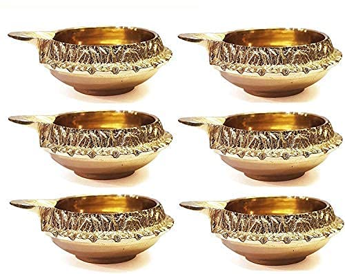 Satvik 6 pc Handmade Golden Engraved Kuber Diya Made of Virgin Brass. Diwali Diya Vilakku for Puja Pooja. Traditional Indian Oil Lamp. Deepawali Decoration Gift Items