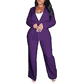 Elainone Pant Suits for Women Professional 2 Piece Outfits Solid Color Button Down Business Casual Blazer Sets Purple 2XL