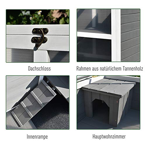 PawHut Kaninchenstall aus Holz Hasenstall mit 2 Etagen Freilaufgehege Rädern Klappdach Rampe Tablett, Winterfest Meerschweinchenstall Kleintierstall Kaninchenkäfig für Innen, 91,5 x 53,3 x 73 cm Grau – Bild 7