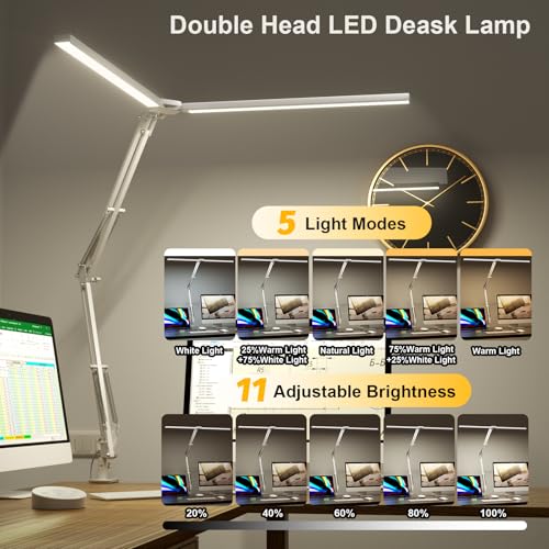 SKYLEO LED Desk Lamp, Dual Head Desk Lamp with Clip, with Remote Control, 2400 LM, 5 Color Temperature Modes, Home Desk Lamp, 24W, White