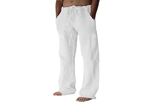 Puimentiua Cotton Linen Pants Men Casual Loose Fit Elastic Drawstring Waist Summer Beach Pants