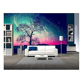 Red Alien Landscape with Alone Tree Over The Night Sky with Many Stars - Removable Wall Mural | Self-Adhesive Large Wallpaper - 66x96 inches