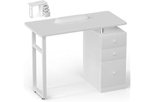 DeerDean White Manicure Table Nail Desk Acetone Resistant w/Wrist Cushion, Drawers & Cabinets