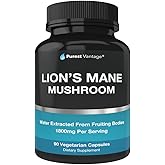 Purest vantage Organic Lions Mane Mushroom Capsules - 1800mg Lion's Mane Mushroom Supplement Grown in USA - Nootropic Brain Supplement and Immune Support - Lions Mane Extract Powder - 90 Veggie Caps