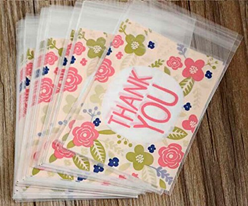 Yunko 100pcs Pink Flower Thank YOU Cookie Packaging Self-adhesive Plastic Bags for Biscuits Package Good for Bakery Party Cz024