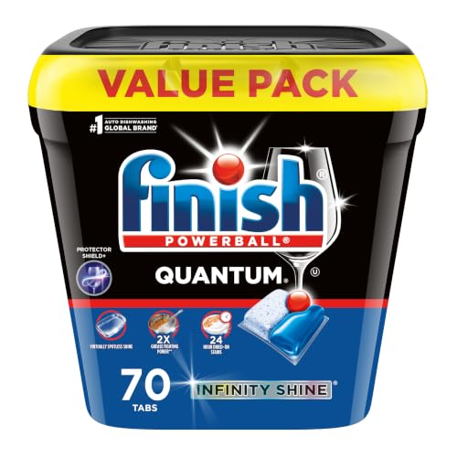 Finish® Quantum® Infinity Shine® Dishwasher Detergent Pods, 3 Chamber Formula with PowerBall, 2X Grease Fighting*, 24H Dried-On Stains, Shine Protection, No Pre-Rinse, 70 Tabs