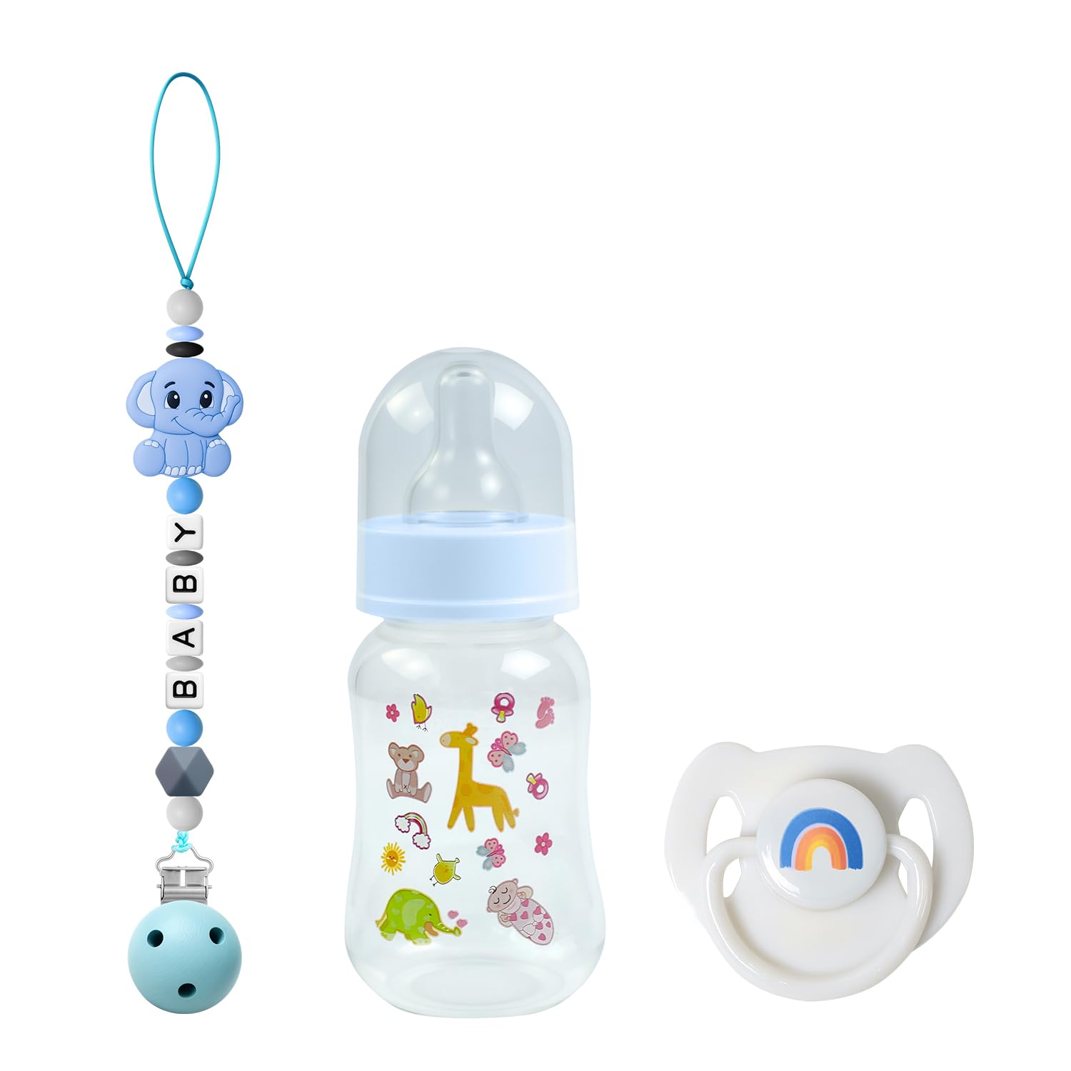 Photo 1 of SCOM Reborn Baby Doll Accessories Set - Rainbow Magnetic Pacifiers & Removable Reusable Baby Doll Bottles with Silicone Pacifier Clips for Reborn Dolls Boys for Doll Lover, Blue Style, 3 Pcs
