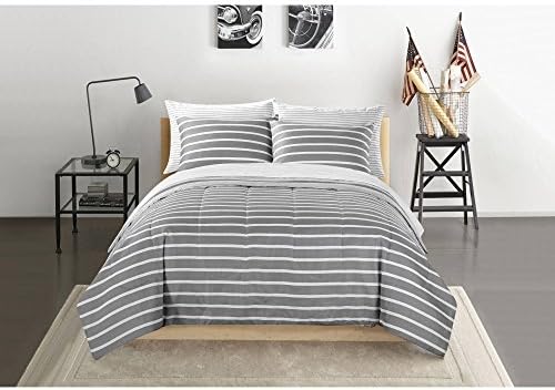 7 Piece Grey Boys Rugby Stripes Pattern Full Comforter Set With Sheets, Beautiful Sports Striped Nautical Theme, Horizontal Cabana Lines Print Design, Vibrant Silver White For Kids, Polyester