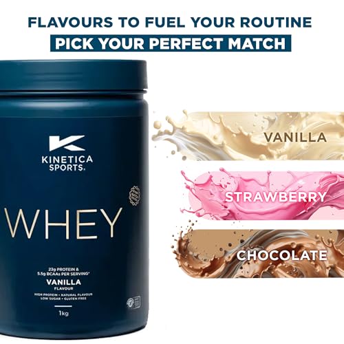 Kinetica Sports Whey Protein Powder - Vanilla, 1Kg, 33 Servings | 23g Protein, 5.5g BCAA Amino Acid & 4.32g Glutamine | Recovery Shake for Optimum Nutrition | WADA & Informed Sport Approved