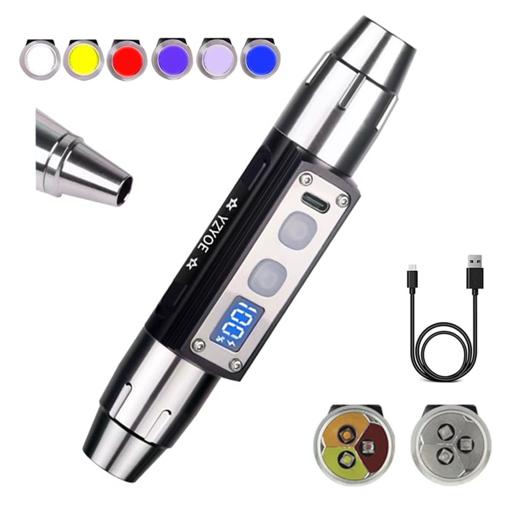 YZYOE 6LED Jade Recognition Flashlight, Outdoor Gemstone Mineral Detection Lights with Charged Quantity Display, White Lights, Yellow Light, Red Lamp, Blue Lamp, 395UV and 365UV UV Pens.