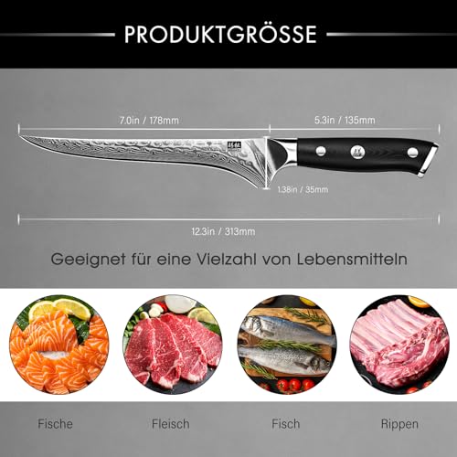 SHAN ZU Damask Filleting Knife 18 cm Kitchen Knife, Boning Knife Made of 67 Layers of Japanese Damascus Steel, Professional Fish Fillet Knife, Sharp Fish Knife with Ergonomic G10 Handle - PRO Series