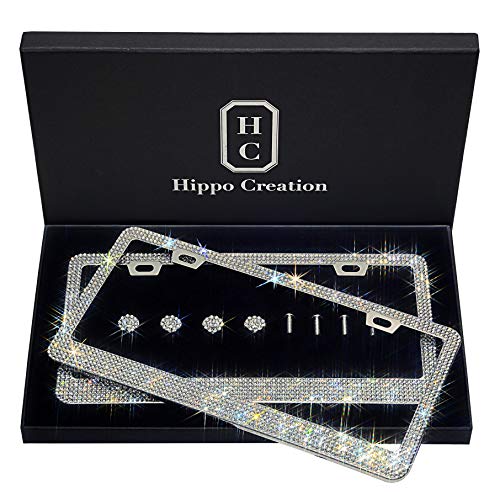 2 Pack Flat Back HC Luxury Handcrafted Bling License Plate Frame with GiftBox | Over 1000 pcs Finest 14 Facets Clear White Rhinestone Crystals | Perfect Car Accessories for All Standard Plate Size