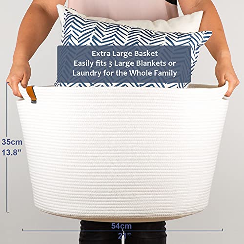 DENJA & CO Extra Large Blanket Basket for Living Room White Farmhouse