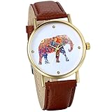 JewelryWe Women's Colorful Elephant Print Gold Tone Dial Leather Quartz Ladies Girls Watch Coffee