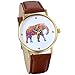 JewelryWe Women's Colorful Elephant Print Gold Tone Dial Leather Quartz Ladies Girls Watch Coffee