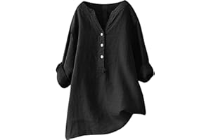 FLOLEO Summer Linen Shirts for Women Solid Color Button up Shirt 3/4 Sleeve Short Sleeve Cotton Linen Shirts Trendy Loose Top