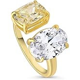 BERRICLE Sterling Silver Cubic Zirconia CZ Statement 2-Stone Cocktail Large Fashion Ring for Women, Yellow Gold Flashed Size 4-10