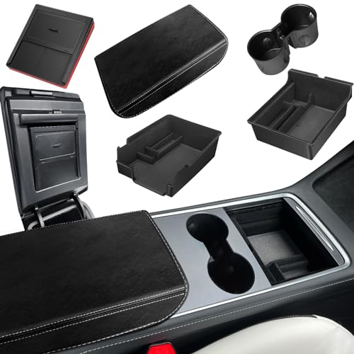 Photo 1 of XINTUO (5 Pack 3PC Upgraded Center Console Organizer Tray Compatible for 2023 2022 2021 Tesla Model 3 Model Y Accessories Armrest Hidden Drawer Storage Box 1PC Cup Holder 1PC Armrest Cover Black