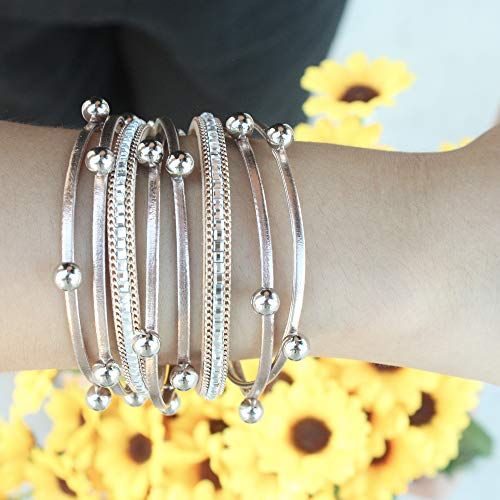 FANCY SHINY Bead Leather Bracelet Boho Wrap Bracelet Layered Rhinestone Cuff Bracelet with Magnetic Clasp,7.5"(Rose Gold)