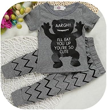 FTSUCQ Baby Girls/Boys Cartoon Monster Pattern Suits Outfit, Two Pieces (80CM-short-sleeve, Gray)