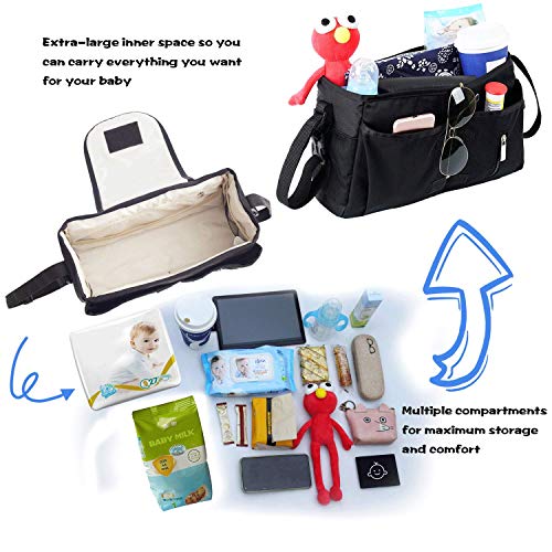 JYSW Baby Stroller Organizer, Baby Stroller Caddy with Multiple Pockets and Shoulder Strap Fits for Universal Stroller to Storage Phones, Wallets, Toys, Diapers and Tissue (Black)