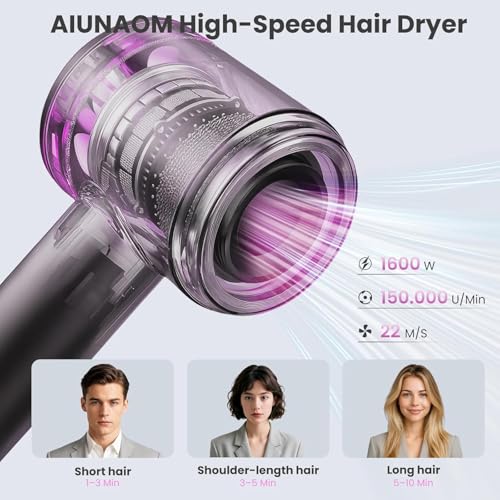 AIUNAOM Professional Hair Dryer 160,000 RPM, 500M Negative Ions, Magnetic Accessories, 3 Speed Settings and 4 Temperature Settings, for Animals, Salon and Home, Pink