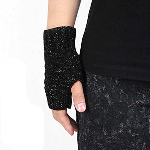 Unisex ZWS130 Elastic Knitted Warm Autumn and Winter Half Finger Fingerless Gloves (Short section-Black silver)