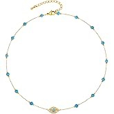 Gold Evil Eye Turquoise Necklace - 14K Gold Plated Turquoise Beaded Necklaces,Non Tarnish Golden Lucky Protection Western Jewelry,Trendy Boho Evil Eye Choker Gifts for Women Girlfriend Sister Wife