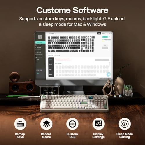 EPOMAKER RT100 PRO Tri-Mode Mechanical Keyboard, 1.54” Hot-Swap Screen, Knob, Retro PBT Keycap, Mac Keys, Thocky Gasket, Custom Driver, RGB, BT/2.4G Wireless Gaming Keyboard (White, Creamy Jade)