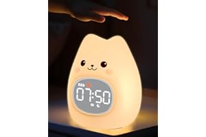 Cat Alarm Clock for Kids with Night Light, Sleep Training Clock Time to Wake Clock, Rechargeable Silicone Light for Bedroom, 