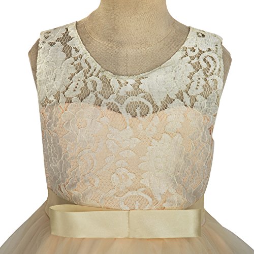 Acecharming Girls Lace Bridesmaid Wedding Dress with Bowknot Princess Prom Party Tulle Gown for 11-12 Year (Champagne)