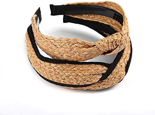 ORNAPEADIA Headbands for Women - Straw Rattan Boho Headbands，Wide Striped Cute Hair Hoop, Cross Knotted Hairbands with Wrapped for Girls Hair Accessories for Women 2Pcs