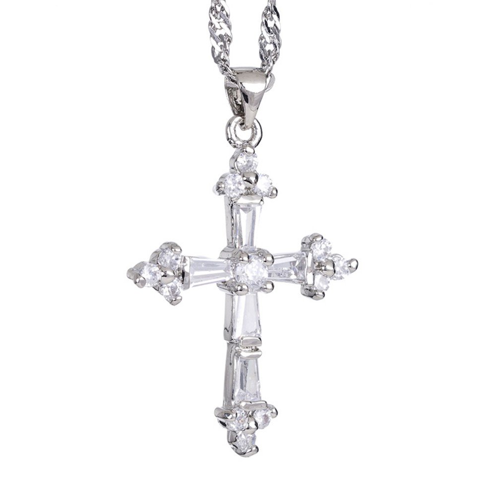 RIZILIA Crucifix Cross Pendant with 45cm(18") Chain & Trapezoid Cut Gemstones CZ [White Topaz] in 18K White Gold Plated, Simple Modern Elegance
