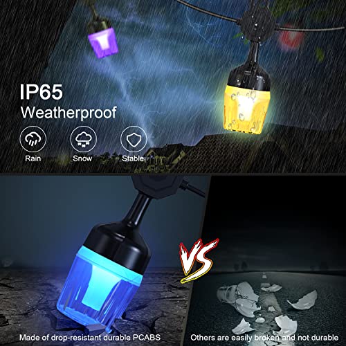 Color Outdoor String Lights,49FT Patio Lights, Warm White,Multi-Color,RGBW Smart String Lights,15 LED Dimmable Shockproof Bulbs,APP Control,IP65 Waterproof,210view Mode,Yard,Garden,Christmas Party