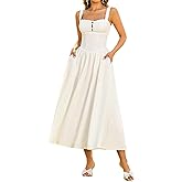 KUTUMAI Women Summer Lace Square Neck Midi Dress Corset Smocked Flowy A Line Beach Wedding Guest Dresses with Pockets