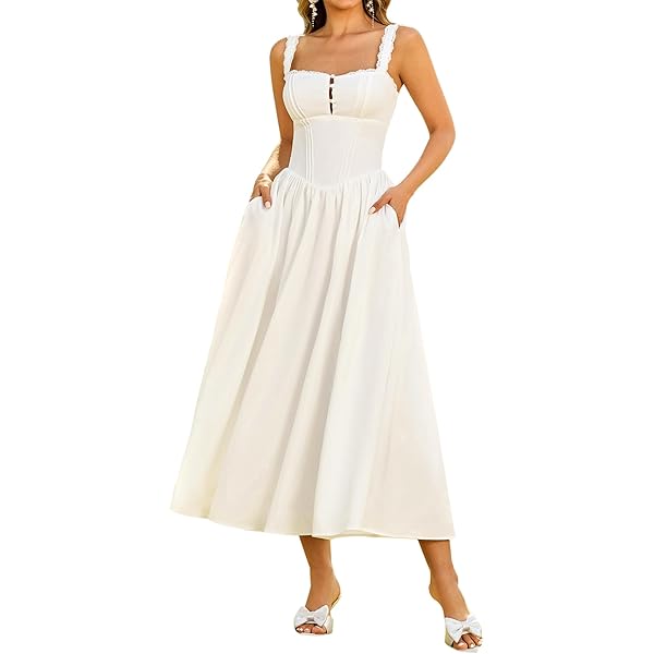 KUTUMAI Lace Square Neck Corset Midi Dress Summer Smocked Flowy A