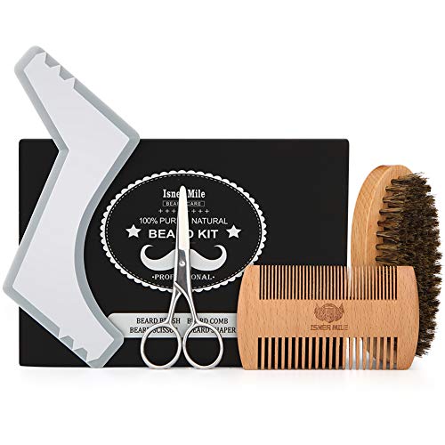 Beard Brush, Comb, Scissors & Beard Shaper Tool Kit for Men Beard Care Mustache Grooming Trimming Styling, Made of Boar Bristle, Durable Wood, Stainless Steel, Shaping Template, Best Gift Set for Him