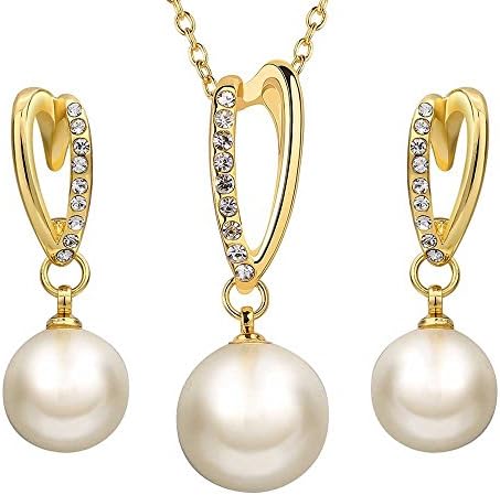 LWLH Jewelry Fashion Heart Teardrop Pearl CZ Pendant Necklace Earrings Set Engagement Wedding Bridal Gift