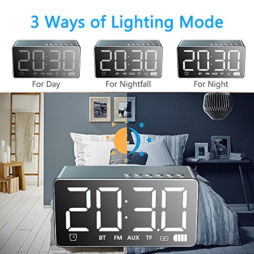 Alarm Clock with Bluetooth Speaker 4.2 and Large Mirror, XIAOKOA Portable Wireless Stereo Sound Speaker Built-in TF Card,FM Radio,Handsfree Calling, LED Nightstand Clock and LED Dimmable Display - Thumbnail 5