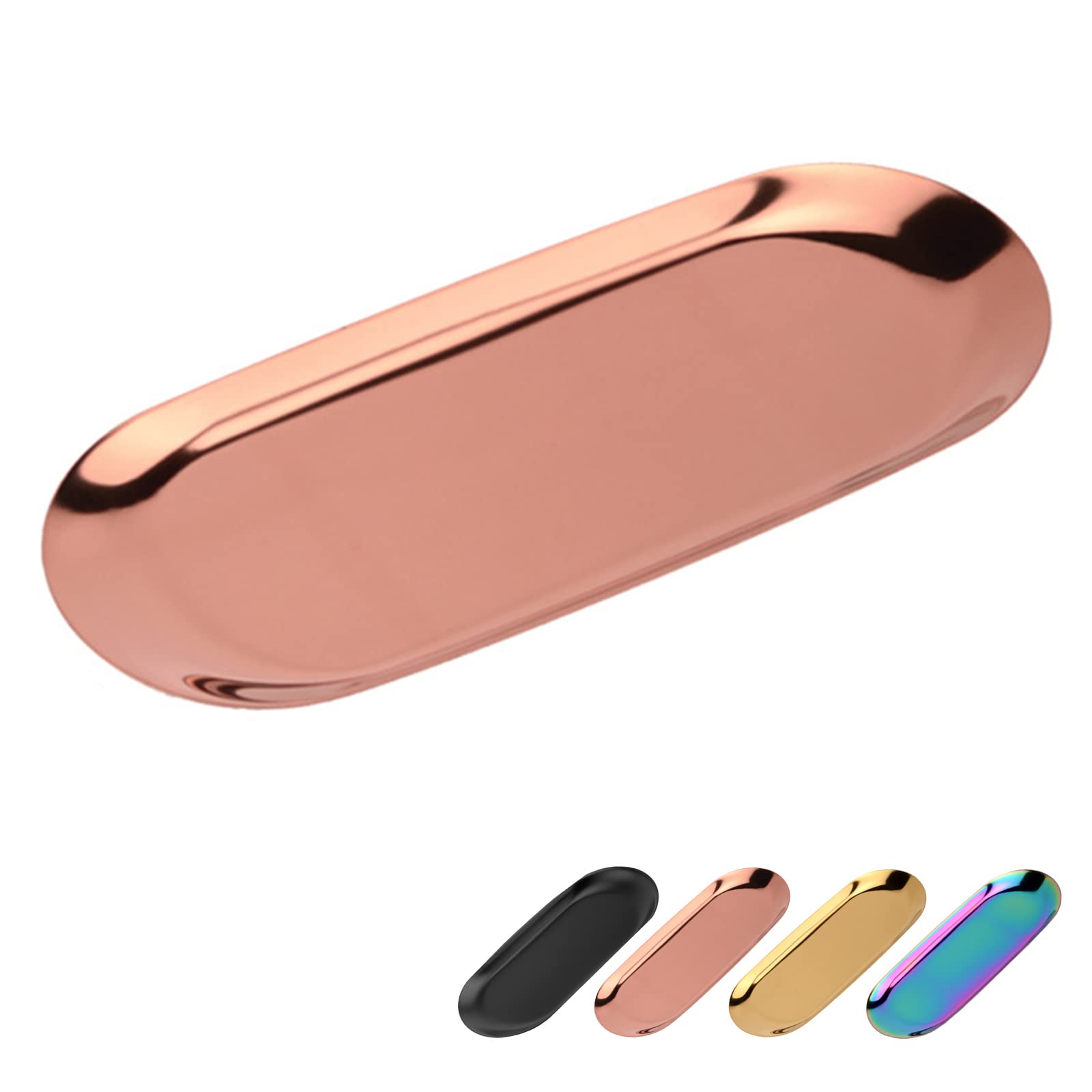 Bymivofun Oval Tray, Oval Cosmetic Tray, Stainless Steel Storage Tray, for Jewellery Storage, Snacks, Tea Tasting, Candles, Plates - 23 x 9.5 cm (Rose Gold)