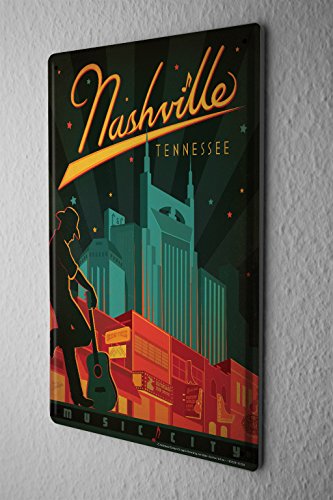 Tin Sign Deco City Nashville Tennessee Cowboy Guitar 8X12"