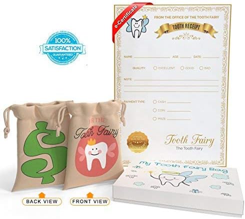 Tooth Fairy Bag Kit Leave Under Pillow for Boys and Girls - Pouch with Digital Letter Note - Keepsake Box Makes it a Great Gift Idea for Kids Tan Color