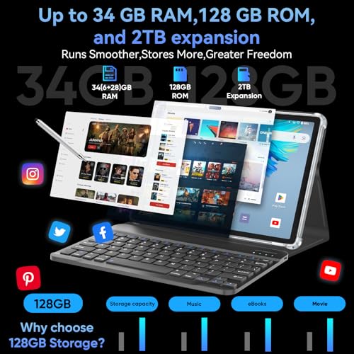 HNVHNV Android 16 Tablet 11 inch Tablets with Keyboard, 34GB+128GB+2TB Expand, 2.2 GHz Octa-Core, 90Hz IPS Display, Gemini AI, 8000mAh, WiFi 6, GPS, 2-in-1 Tablet with Case, Mouse, Stylus (Black)