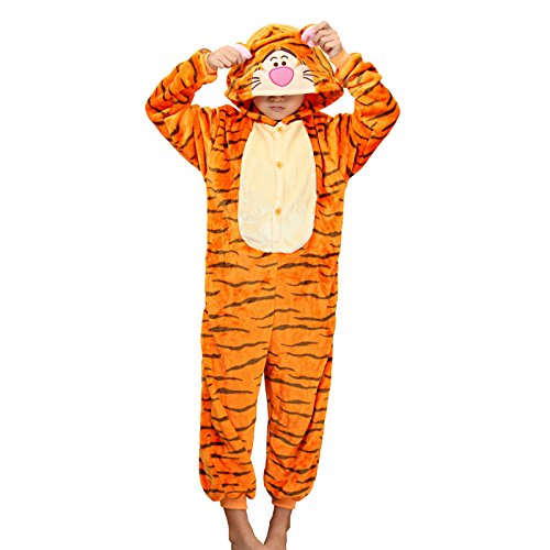 WSLCN Childrens Boys Girls Animal Onesie Unisex Cosplay Flannels Hooded Kids Sleepsuit Party Halloween Sleepwear Nightwear Tiger Striped Child Height 52-56 inch