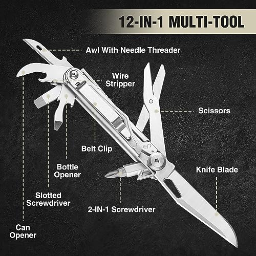 Mossy Oak Multifunction Knife, 12 in 1 Multi-purpose Folding Knife Stainless Steel Multifunctional Tool with Knife, Scissors, Screwed for Camping Hiking