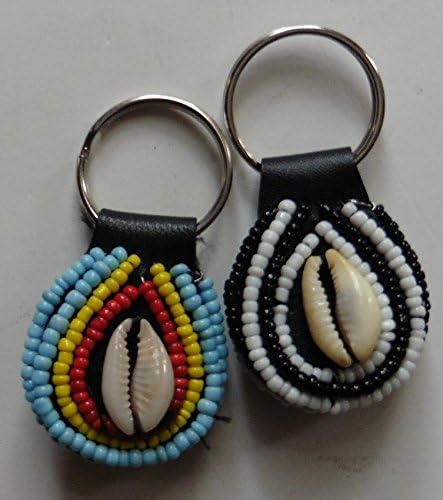 Key Ring Holder Shelled With Multicolored Seeded Beads 2/PK (Red Yellow Blue White Black)