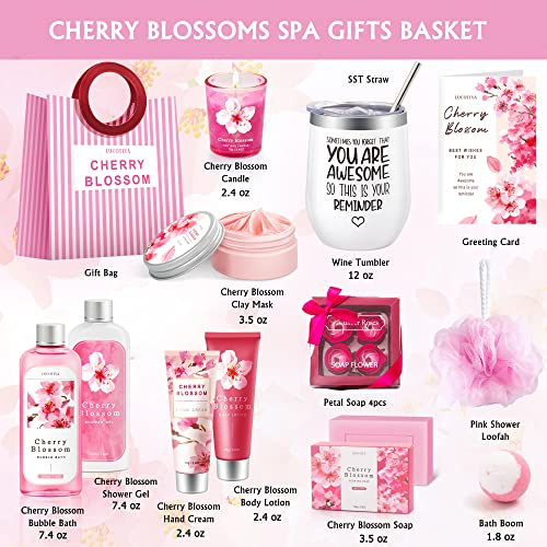 Bath and Body Works Gift Set with 14 Pcs Mother's Day, Birthday Gifts and Cherry Blossoms Self Care Package, Relaxing Spa Gift Basket for Women