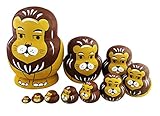 Winterworm Cute Lovely Animal Theme Big Belly Shape Handmade Wooden Russian Nesting Dolls Matryoshka Dolls Set 10 Pieces For Kids Toy Birthday Christmas Gift Homr Kids Room Decoration (Lion)